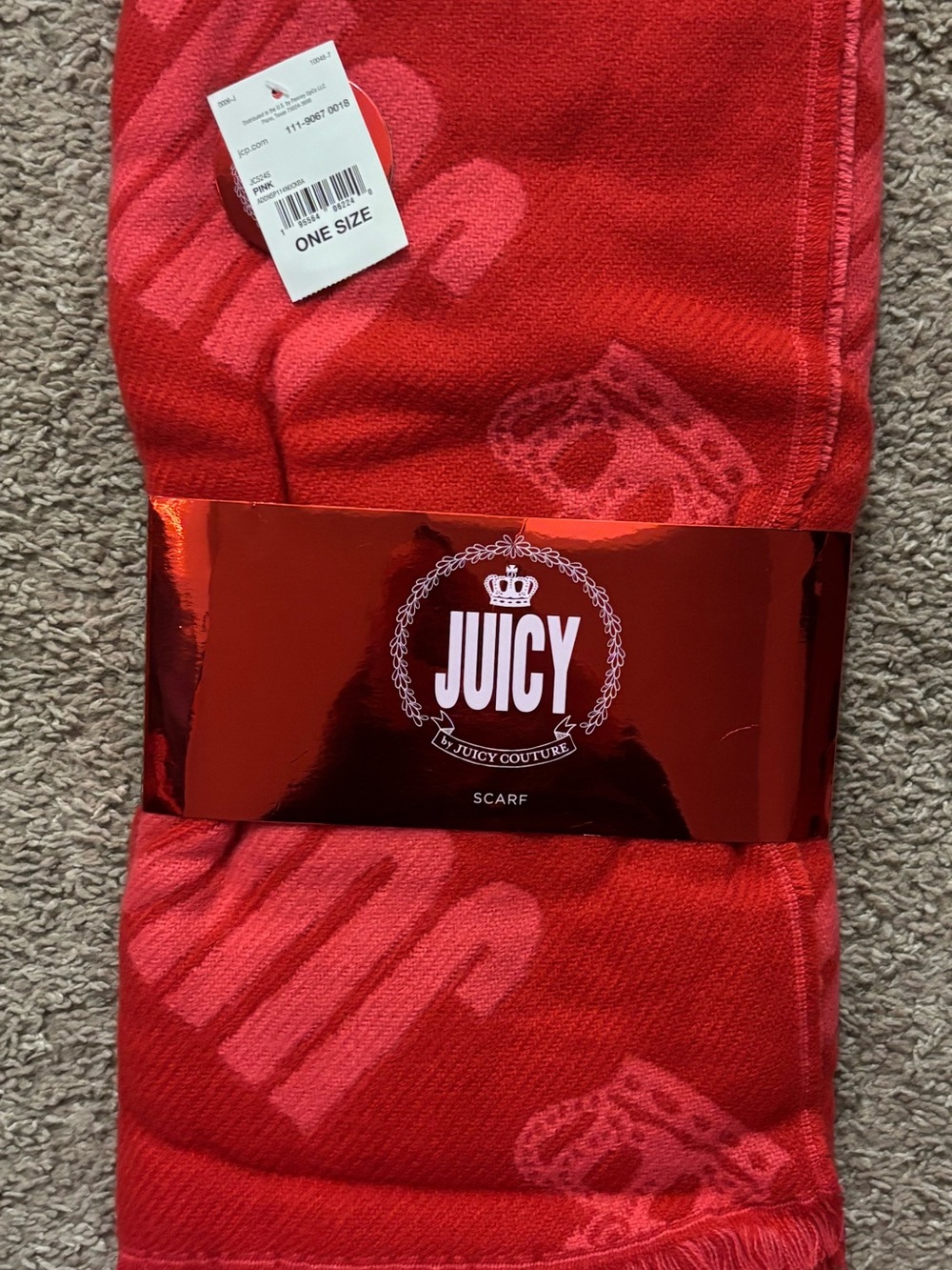 Juicy Couture NWT Red and Pink Logo Scarf/Small Throw Blanket Fringe Hem